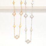 Chain Link Necklace Featuring Pearlescent Clover Stations With Cubic Zirconia Borders 