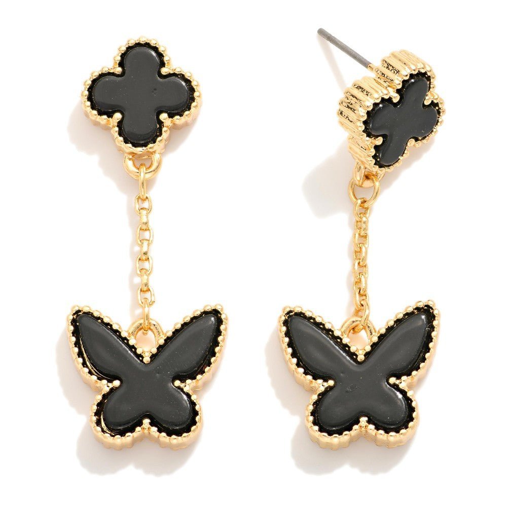Chain Linked Acetate Clover & Butterfly Post Drop Earrings 