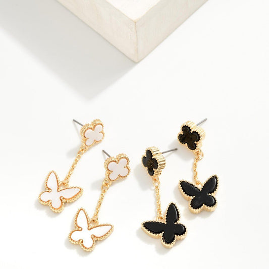 Chain Linked Acetate Clover & Butterfly Post Drop Earrings 