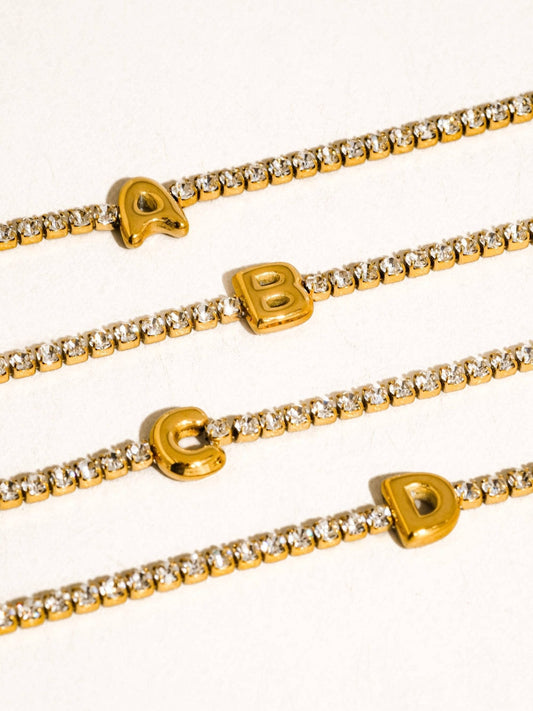 Chaplin 18K Gold Non-Tarnish Rhinestone Letter Bracelet: Yellow Gold / D