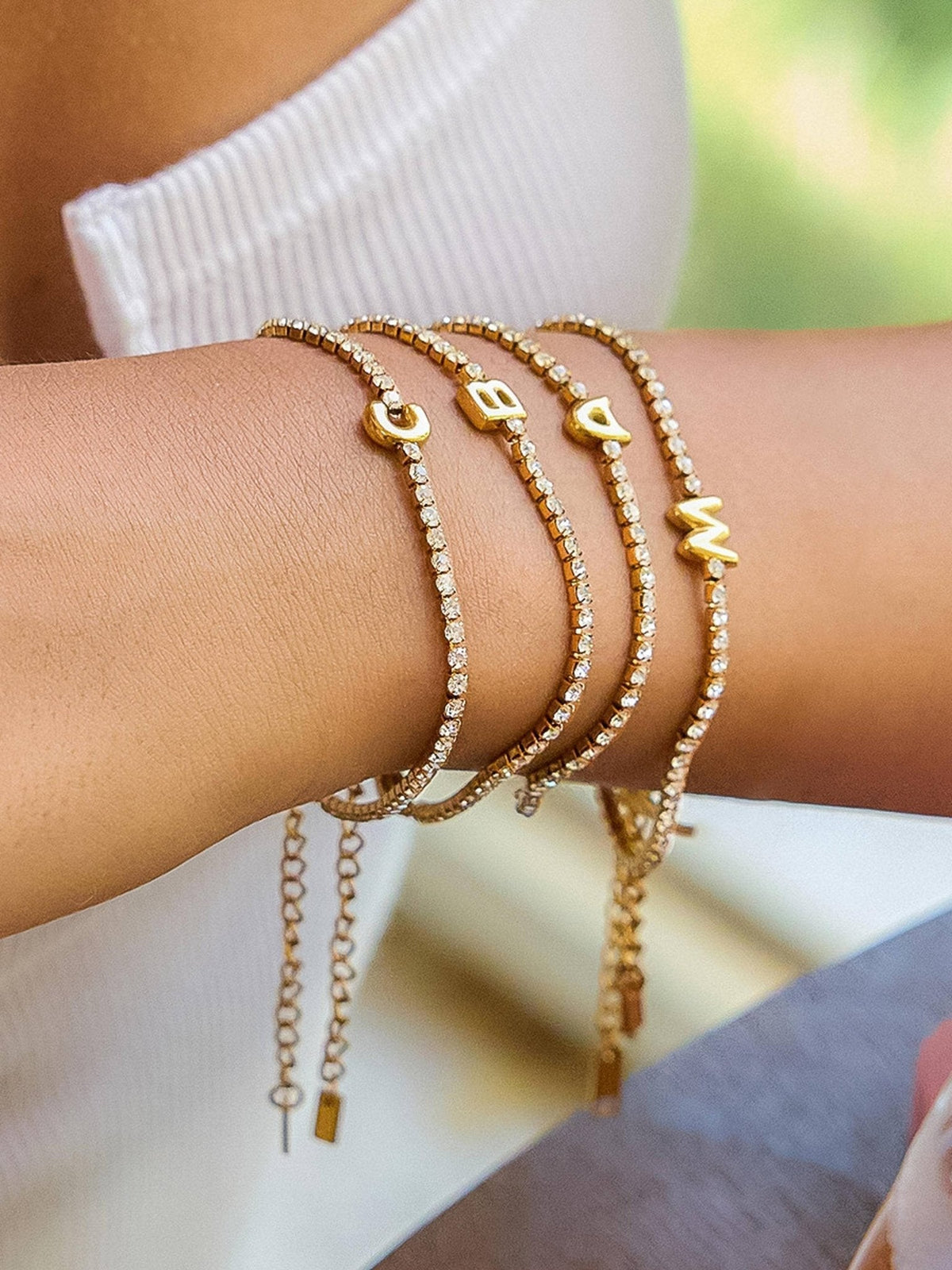 Chaplin 18K Gold Non-Tarnish Rhinestone Letter Bracelet: Yellow Gold / D - The Mustard Seed Collection, The Seed