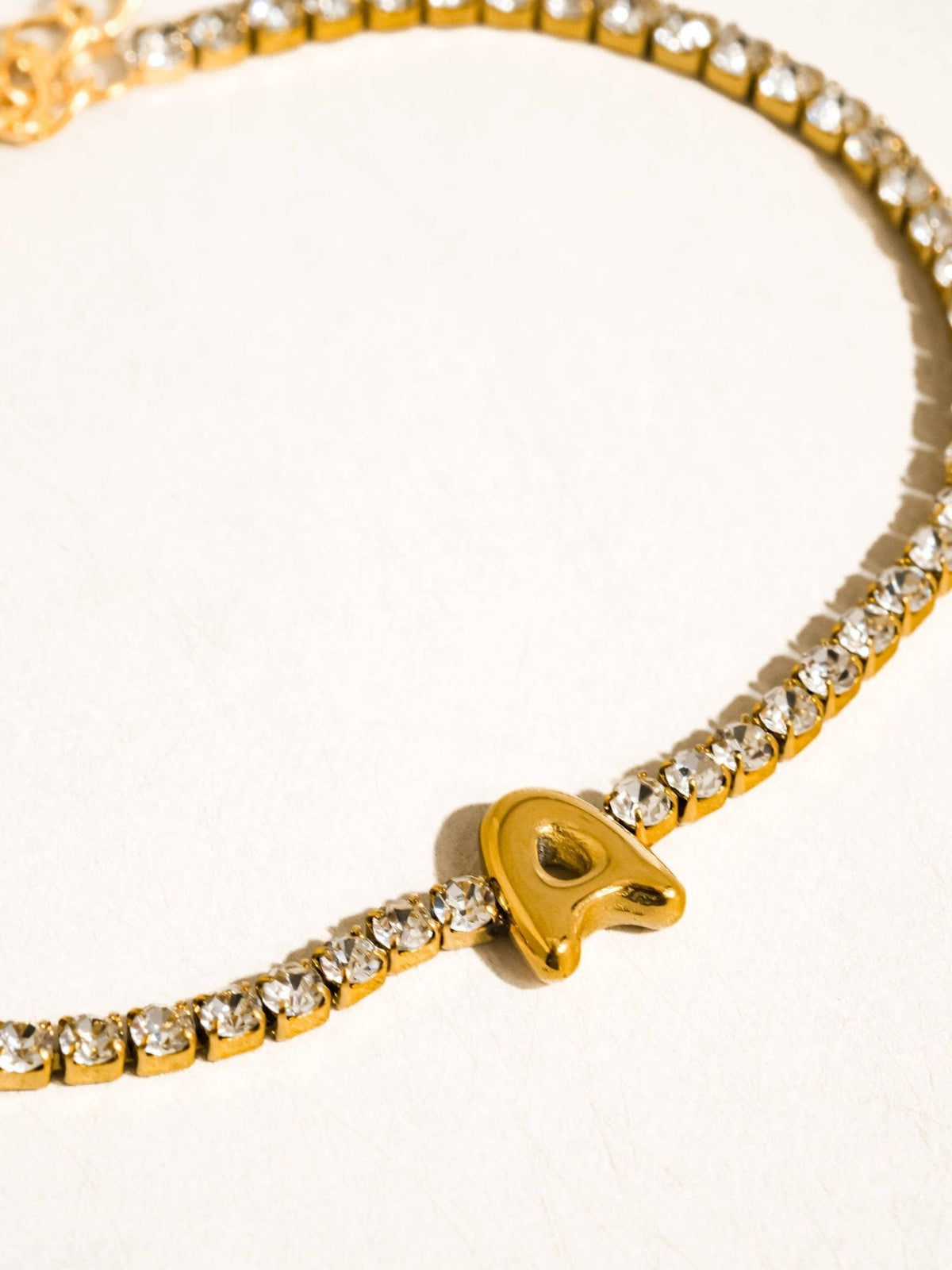 Chaplin 18K Gold Non-Tarnish Rhinestone Letter Bracelet: Yellow Gold / O - The Mustard Seed Collection, The Seed