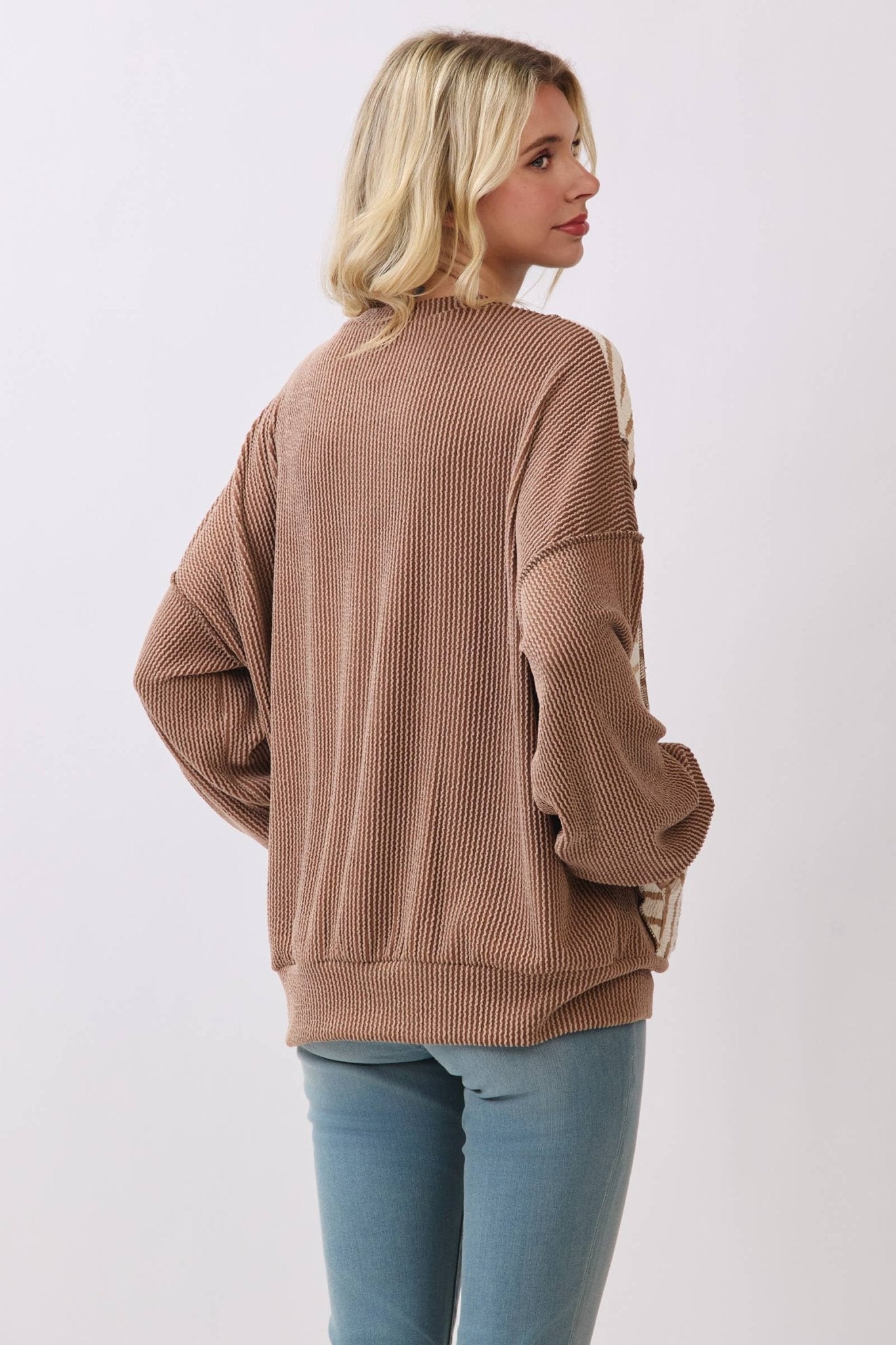 Chestnut Mixed Print Contrast Knit Long Sleeve - The Mustard Seed Collection, The Seed