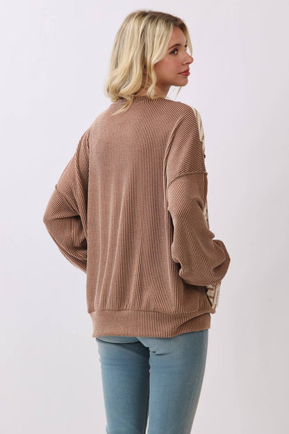 Chestnut Mixed Print Contrast Knit Long Sleeve - The Mustard Seed Collection, The Seed