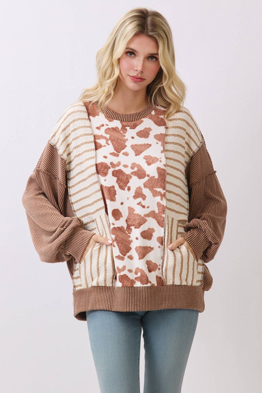 Chestnut Mixed Print Contrast Knit Long Sleeve - The Mustard Seed Collection, The Seed