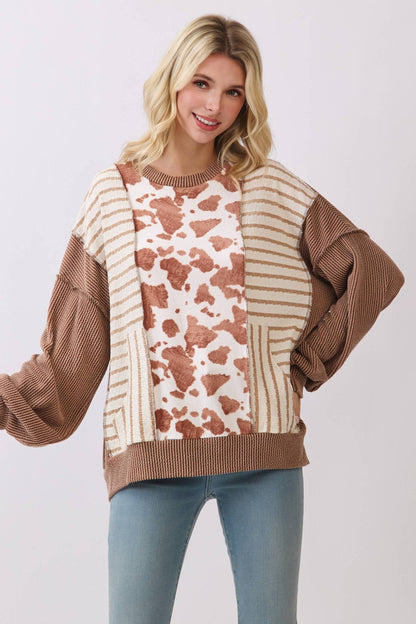 Chestnut Mixed Print Contrast Knit Long Sleeve - The Mustard Seed Collection, The Seed
