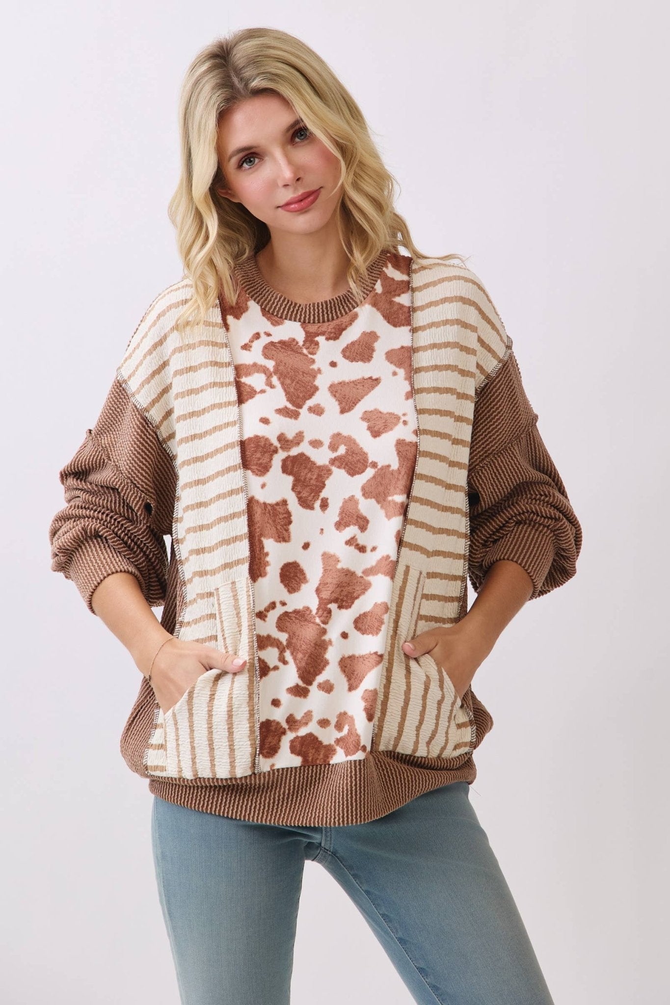 Chestnut Mixed Print Contrast Knit Long Sleeve - The Mustard Seed Collection, The Seed
