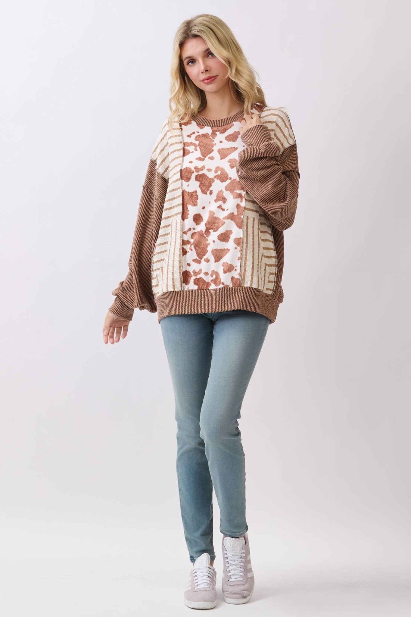 Chestnut Mixed Print Contrast Knit Long Sleeve - The Mustard Seed Collection, The Seed