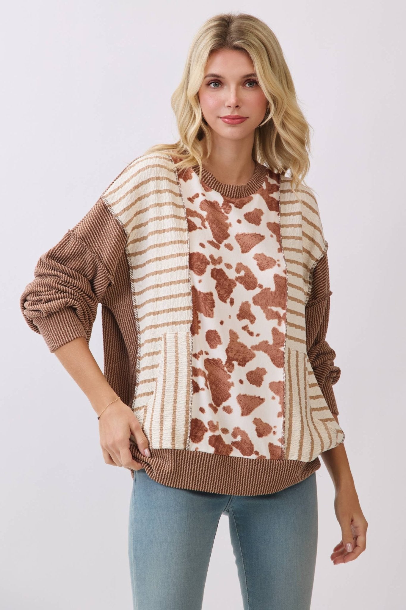 Chestnut Mixed Print Contrast Knit Long Sleeve - The Mustard Seed Collection, The Seed