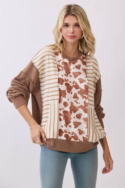 Chestnut Mixed Print Contrast Knit Long Sleeve - The Mustard Seed Collection, The Seed