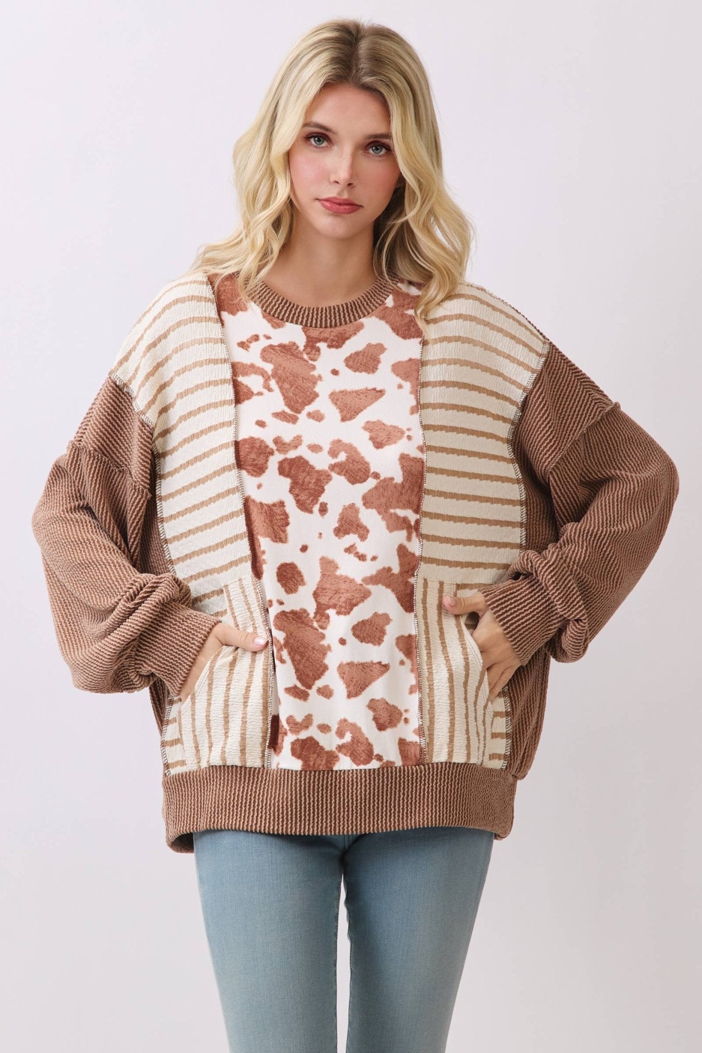 Chestnut Mixed Print Contrast Knit Long Sleeve - The Mustard Seed Collection, The Seed