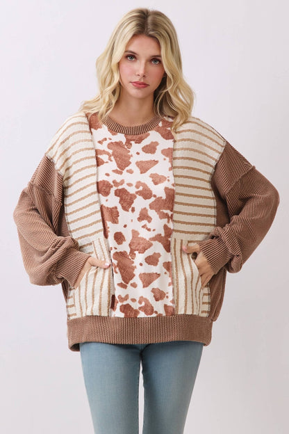 Chestnut Mixed Print Contrast Knit Long Sleeve - The Mustard Seed Collection, The Seed