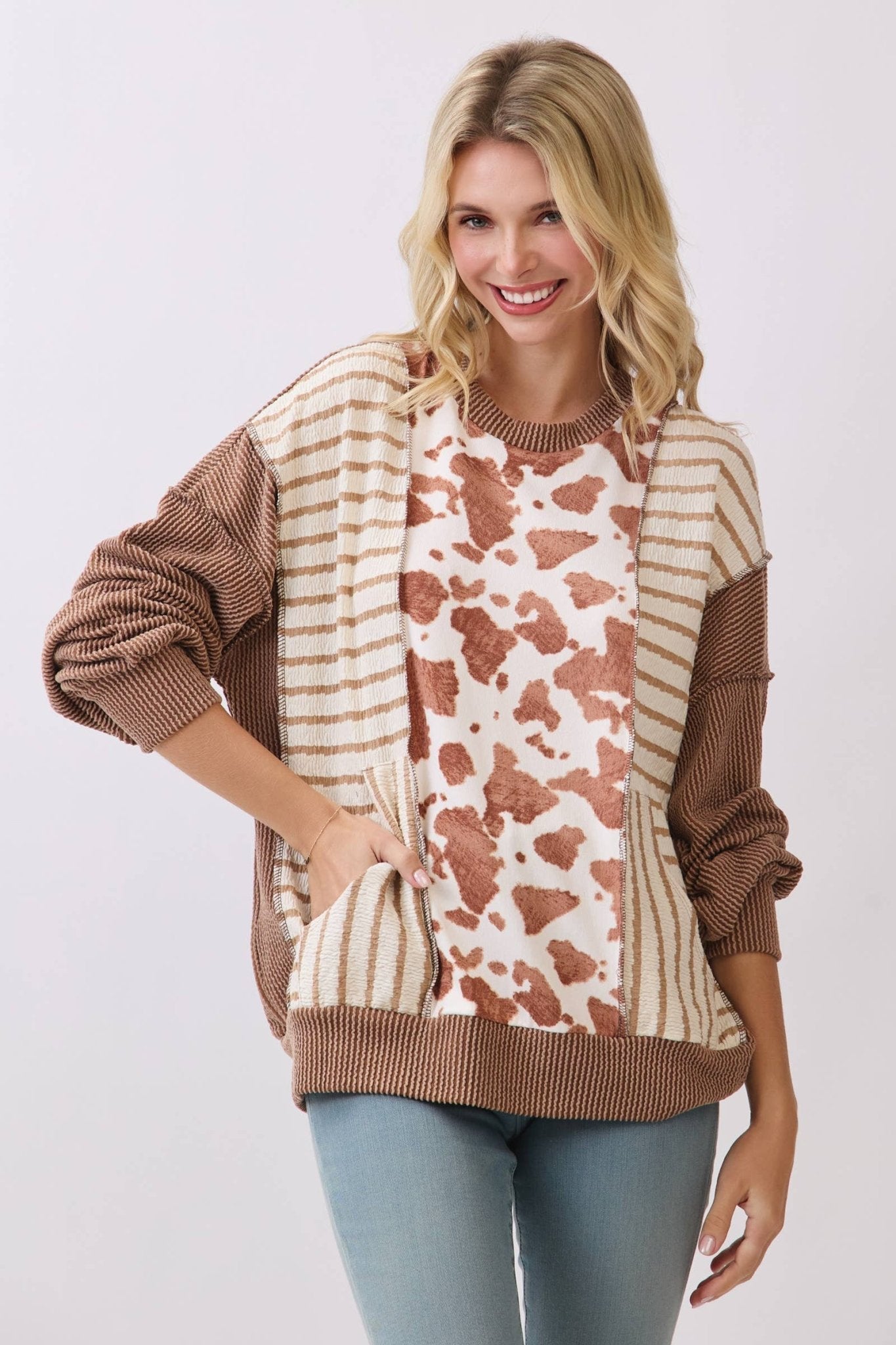 Chestnut Mixed Print Contrast Knit Long Sleeve - The Mustard Seed Collection, The Seed