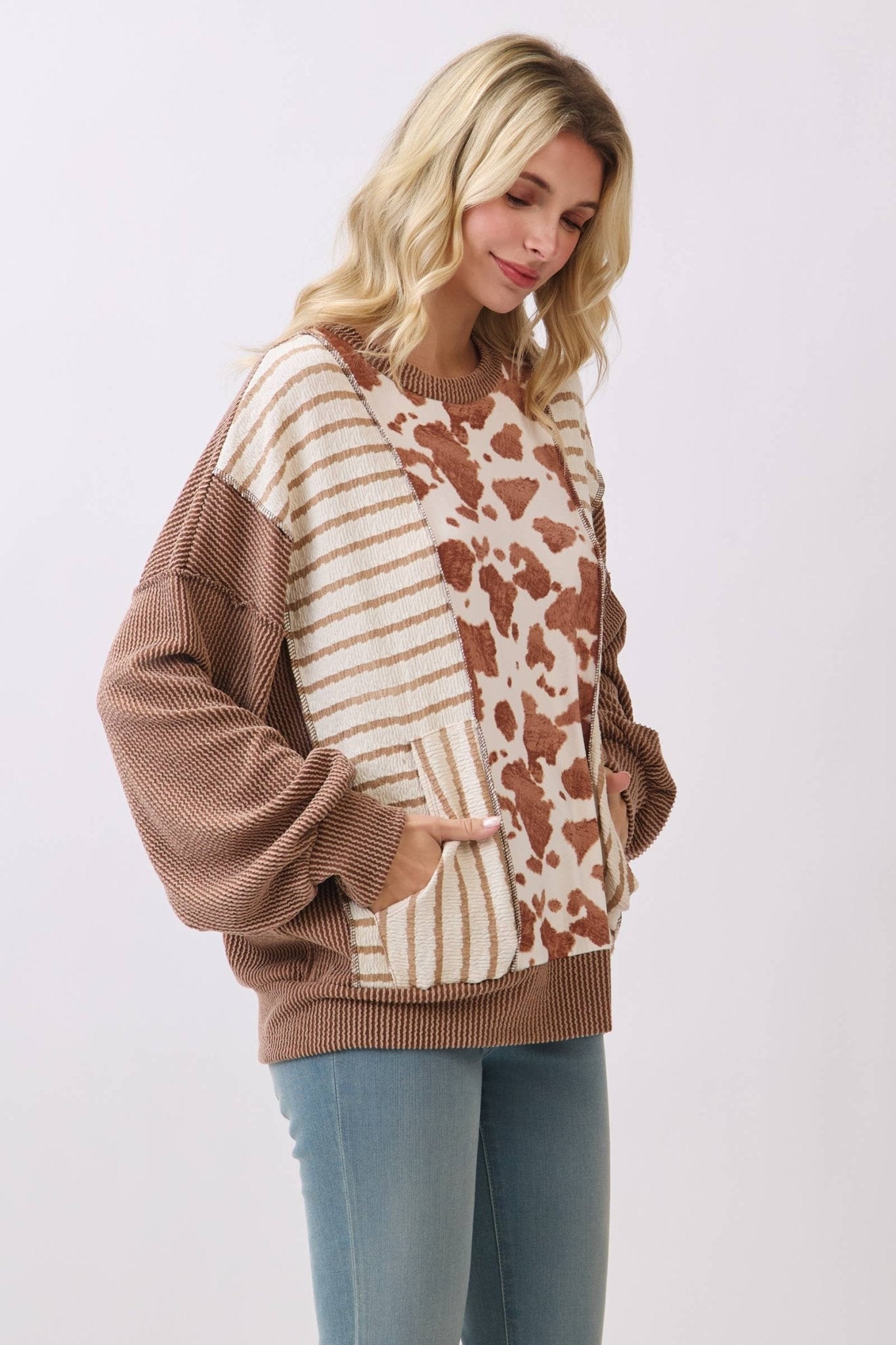 Chestnut Mixed Print Contrast Knit Long Sleeve - The Mustard Seed Collection, The Seed