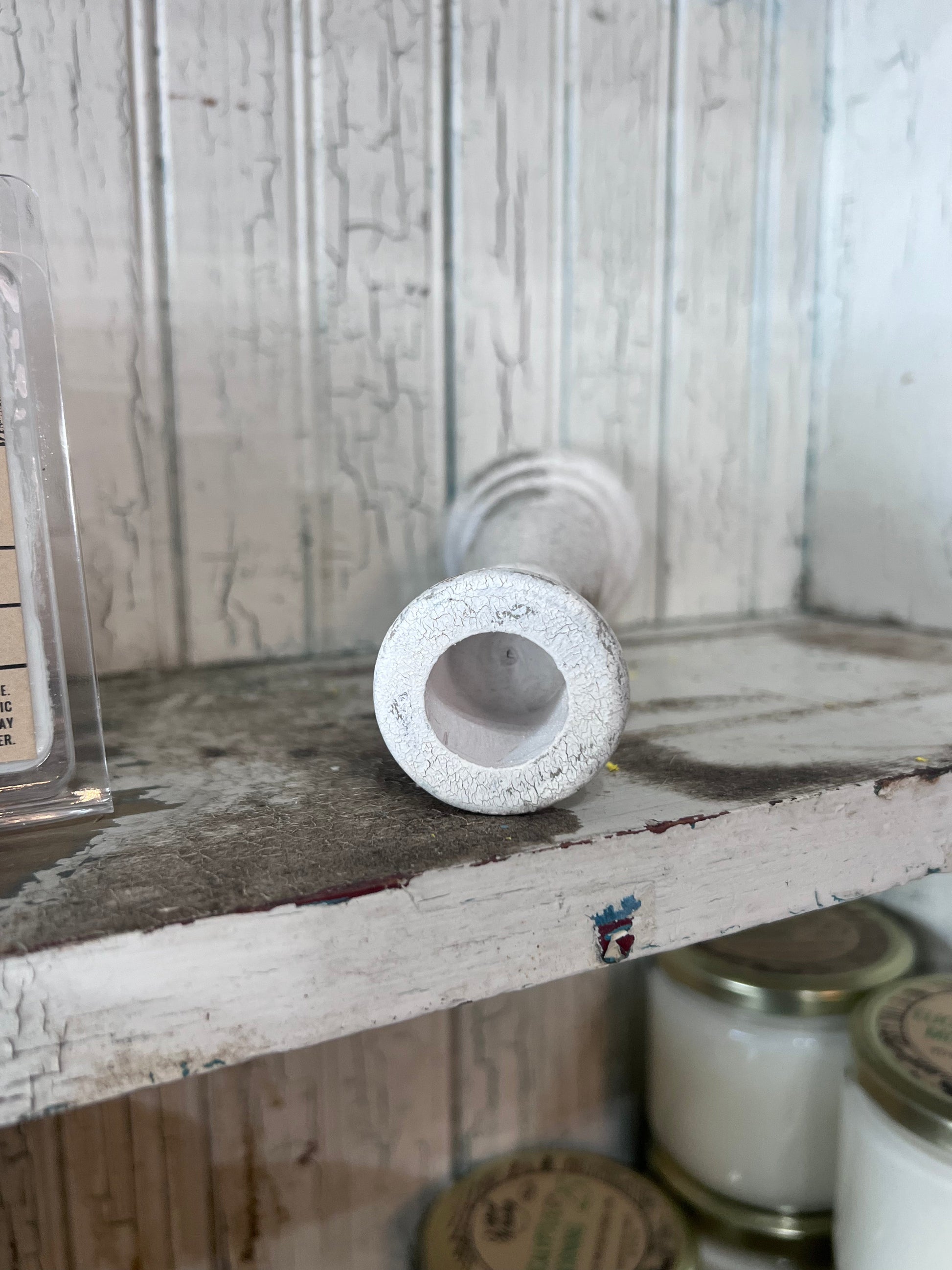 Chippy Grey Wash or White Rustic Wood Candlestick 6.75"