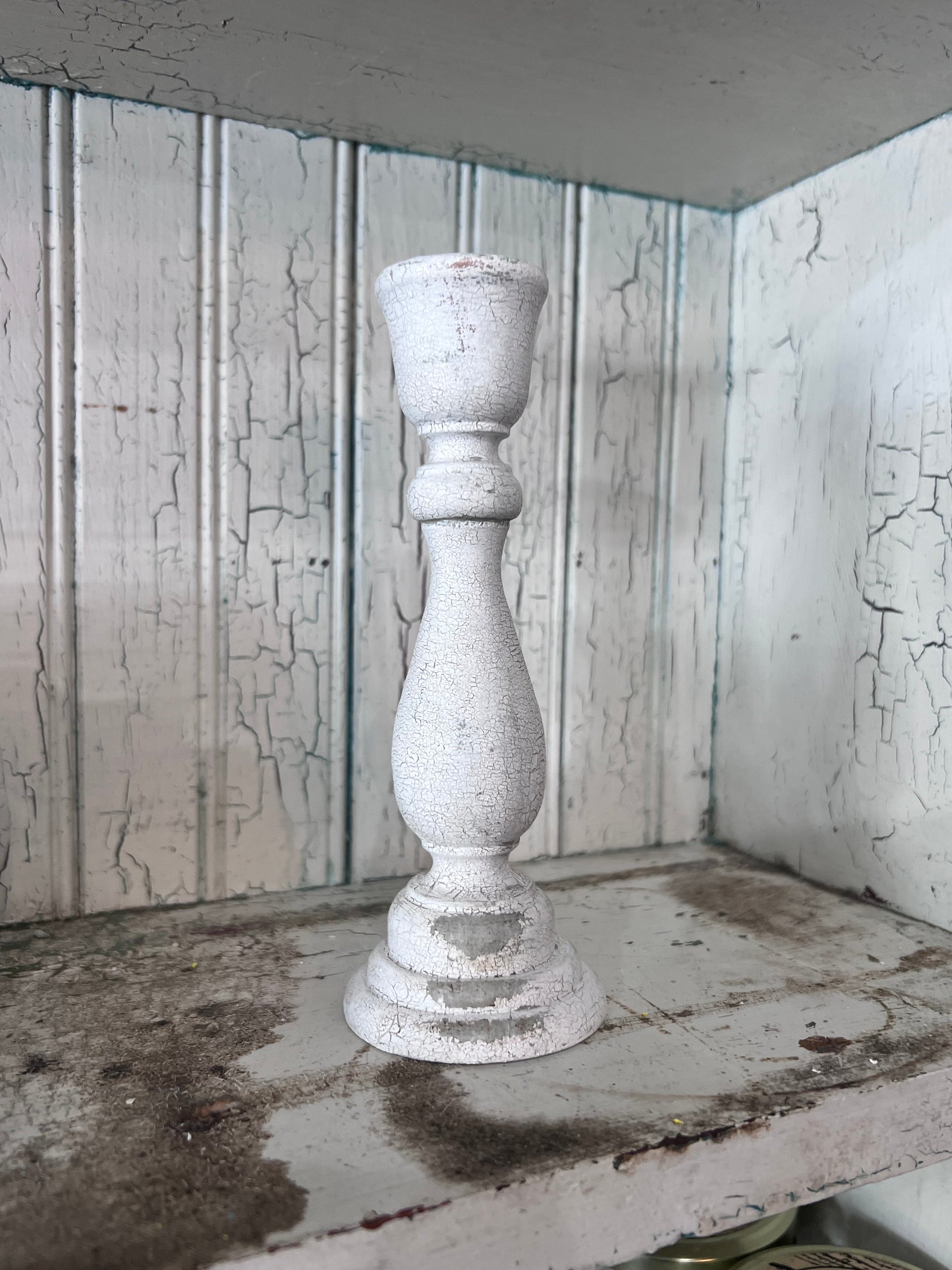 Chippy Grey Wash or White Rustic Wood Candlestick 6.75"