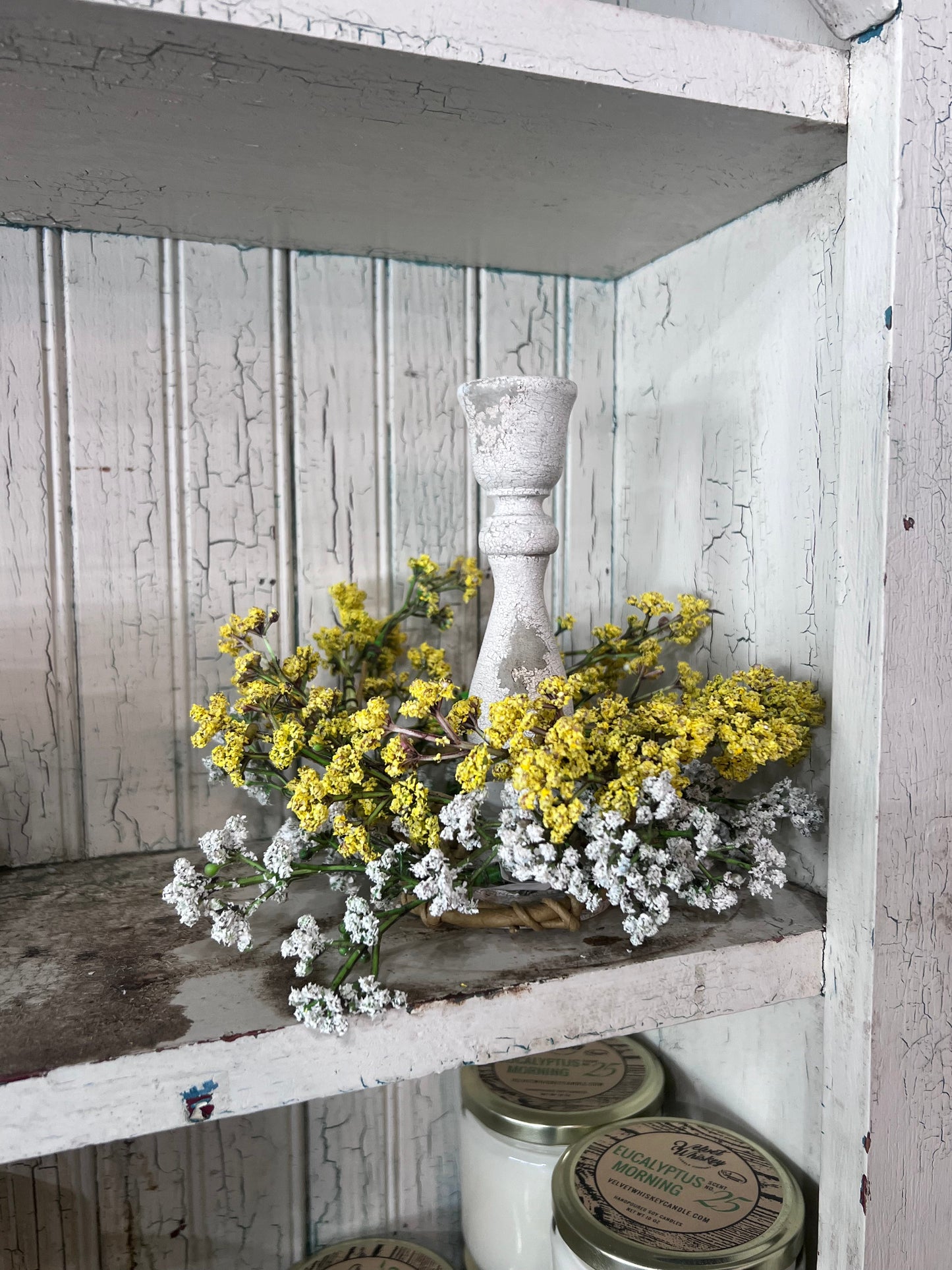 Chippy Grey Wash or White Rustic Wood Candlestick 6.75"