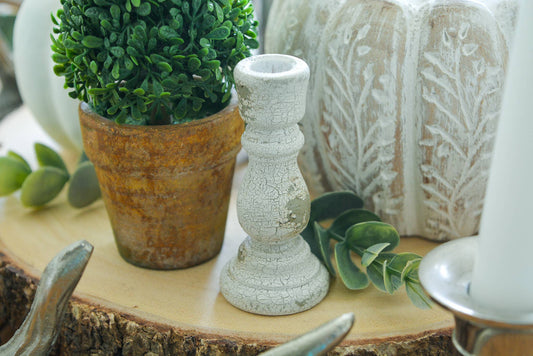 Chippy White Candlestick Mini 3" - The Mustard Seed Collection, The Seed