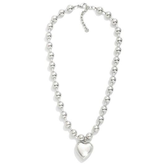 Chunky Ball Chain Necklace Featuring Metal Tone Puffy Heart Pendant Silver