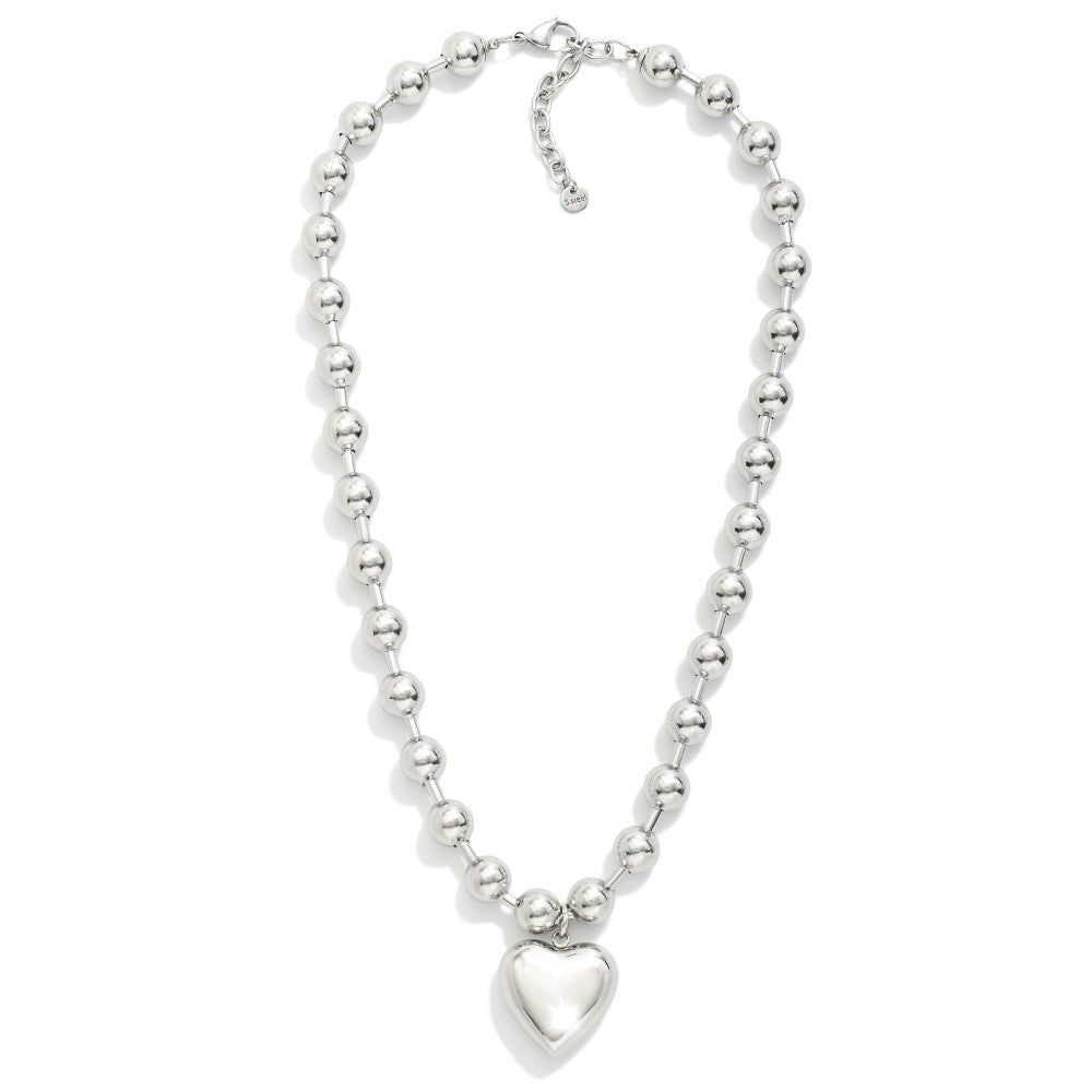 Chunky Ball Chain Necklace Featuring Metal Tone Puffy Heart Pendant 