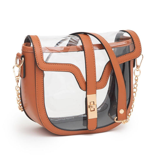 Clear Tote Bag With Vegan Leather Trim Featuring Twist Lock Buckle Closure Tan