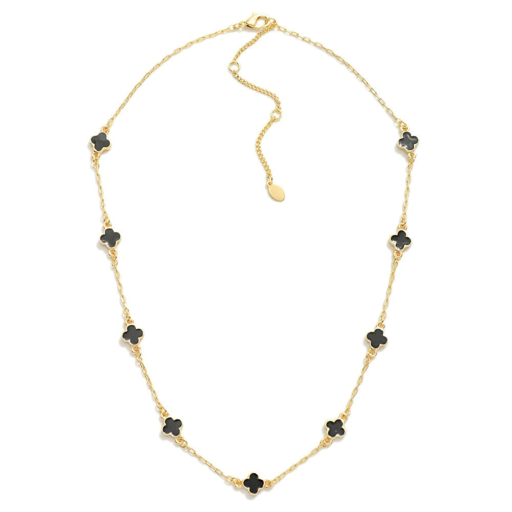 Enamel Clover Chain Link Necklace Black