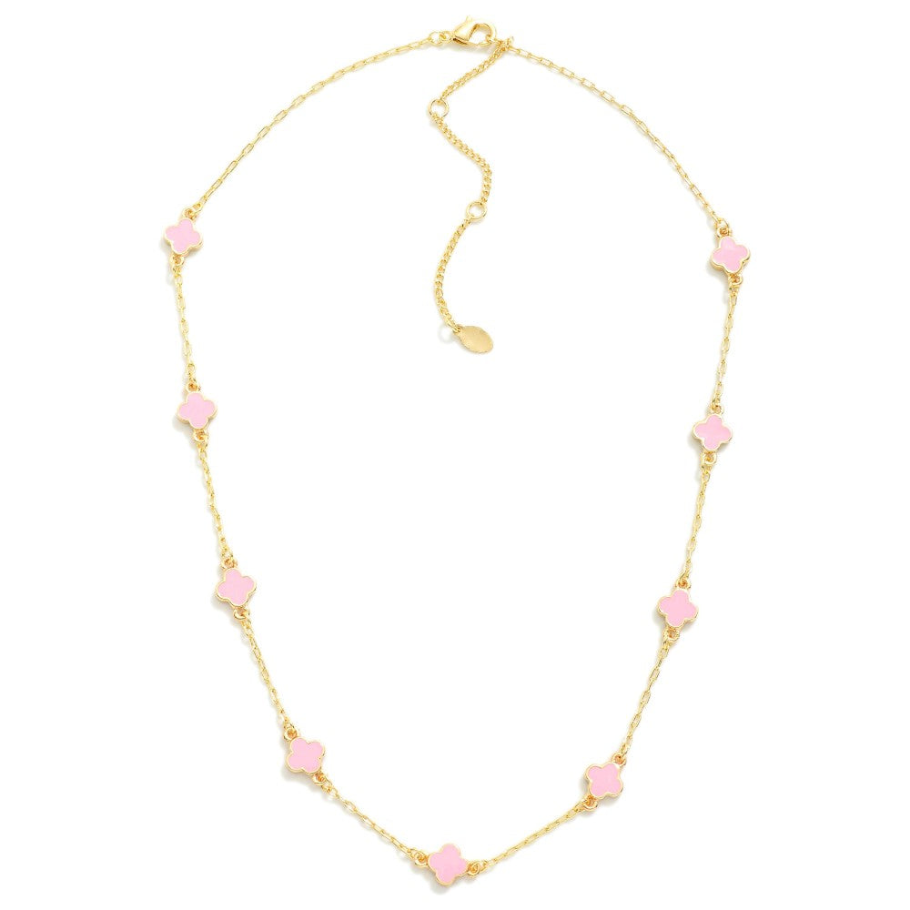 Enamel Clover Chain Link Necklace Pink