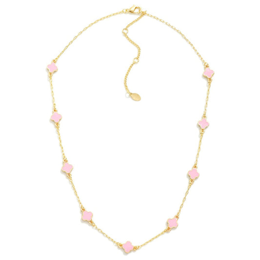 Enamel Clover Chain Link Necklace Pink