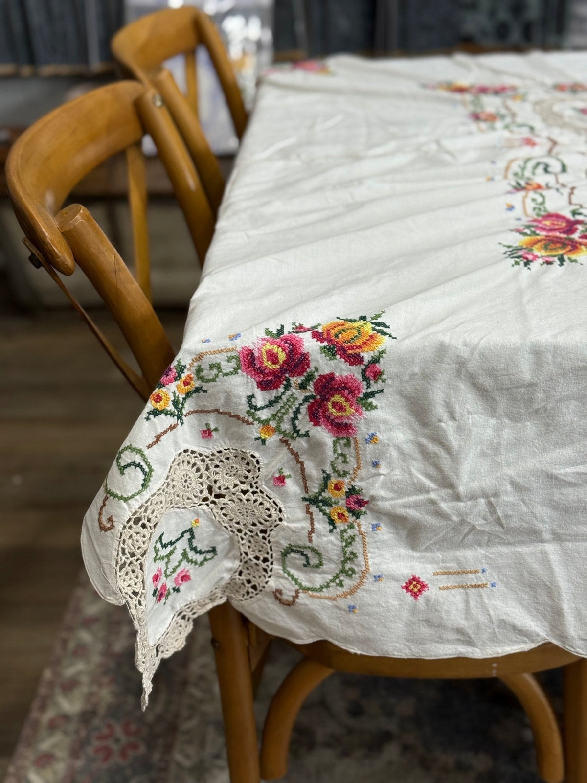 Cross Stitch & Lace Tablecloth - The Mustard Seed Collection, The Seed