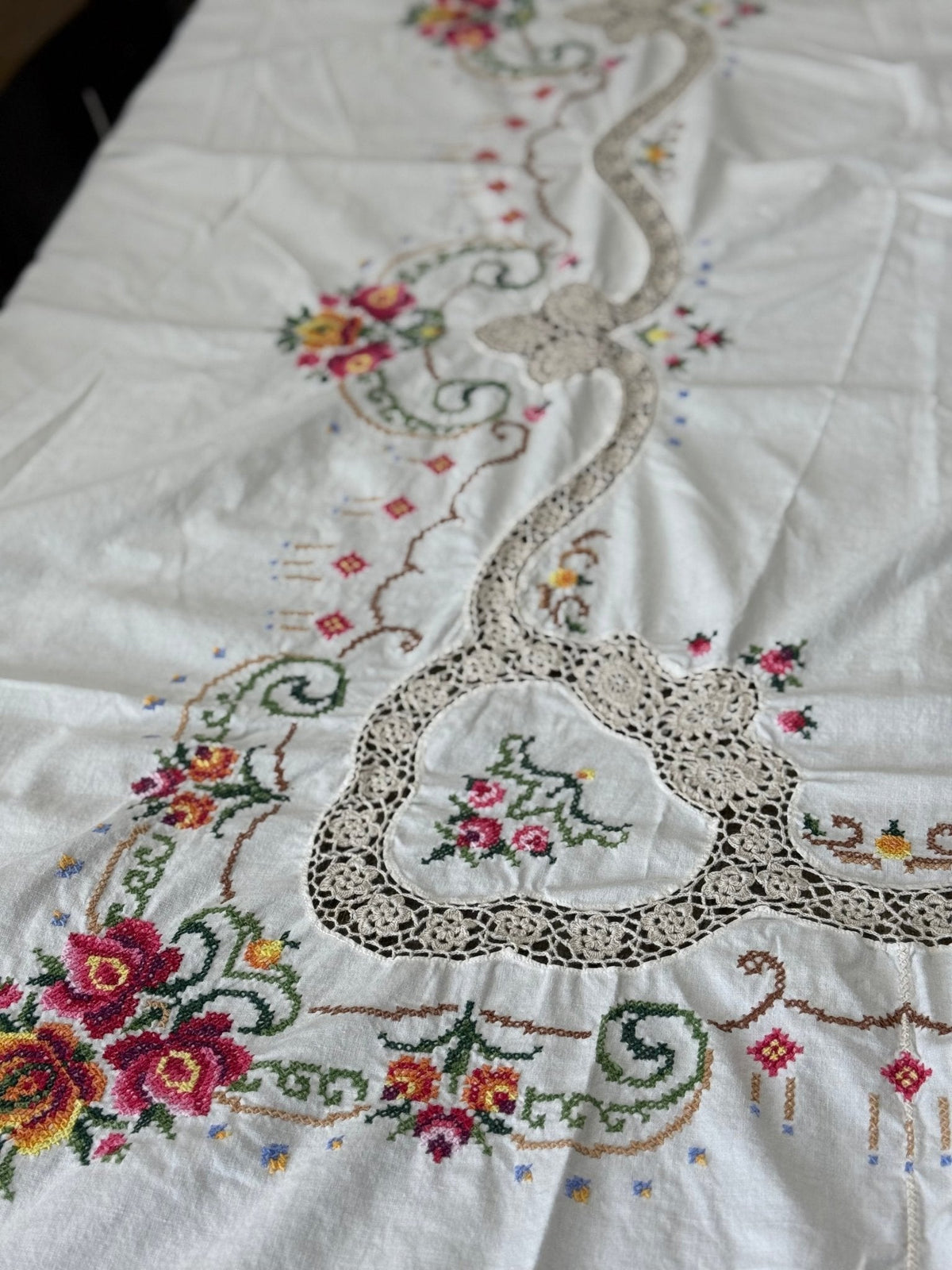 Cross Stitch & Lace Tablecloth - The Mustard Seed Collection, The Seed