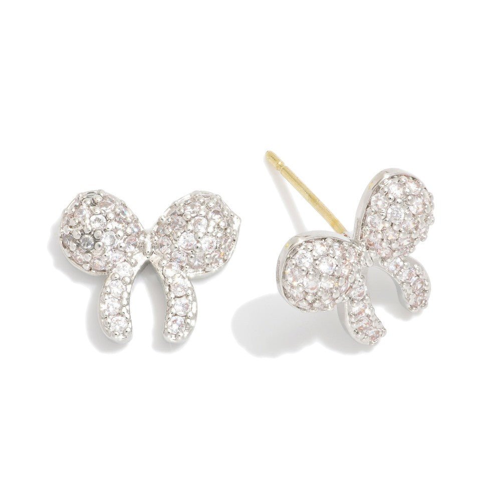 Cubic Zirconia Studded Bow Stud Earring Silver