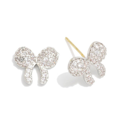 Cubic Zirconia Studded Bow Stud Earring Silver