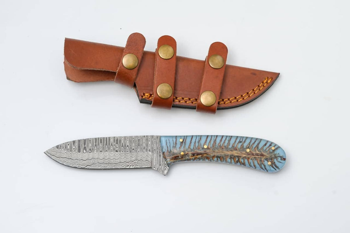 Custom Damascus Steel Knife with Blue Resin & Bone Handle - The Mustard Seed Collection, The Seed