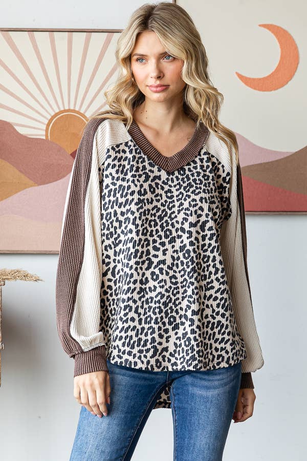 Animal Color Block V Neck Long Sleeve Pullover Top: Cream