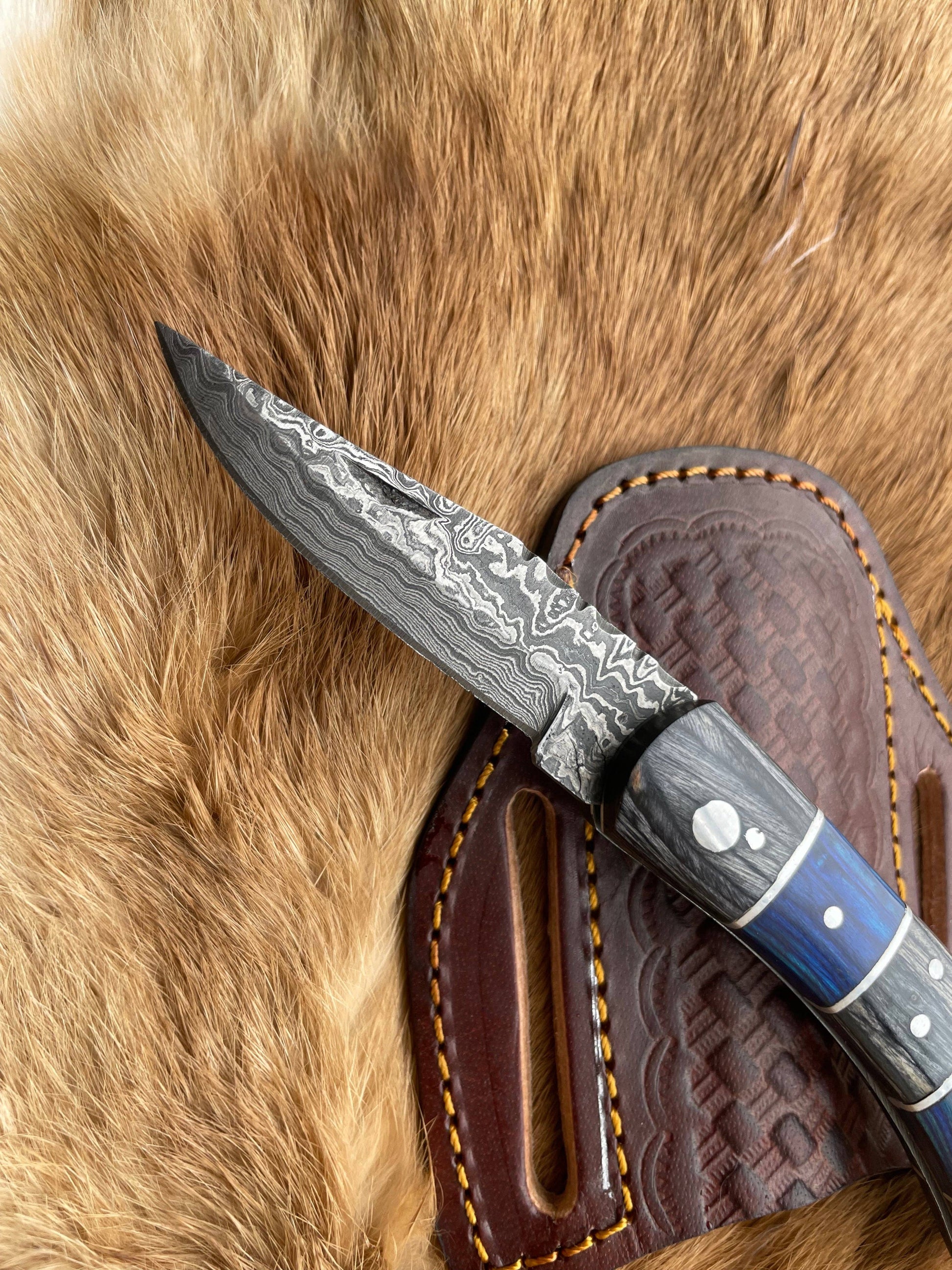 POCKET KNIFE Grey and Blue WOOD 6.5'' DAMASCUS STEEL KNI