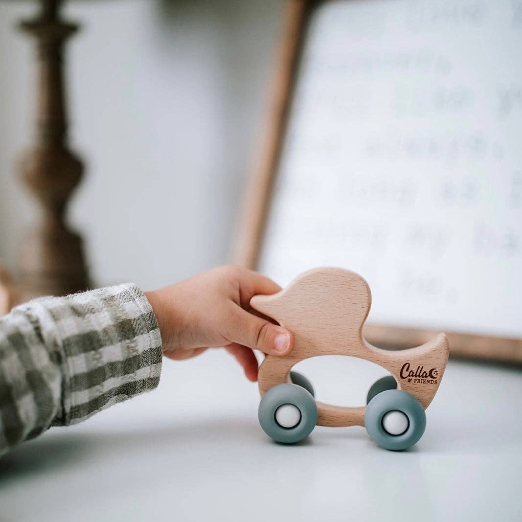 Duck Silicone & Beechwood Teether Toy: Petal Pink