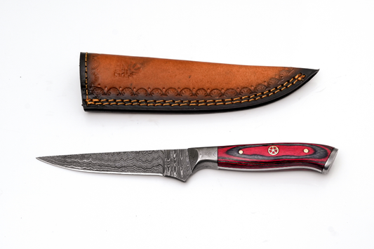 Hand-Forged Damascus Steel Skinning Knife | Red Pakkawood Handle & Mosaic Pin