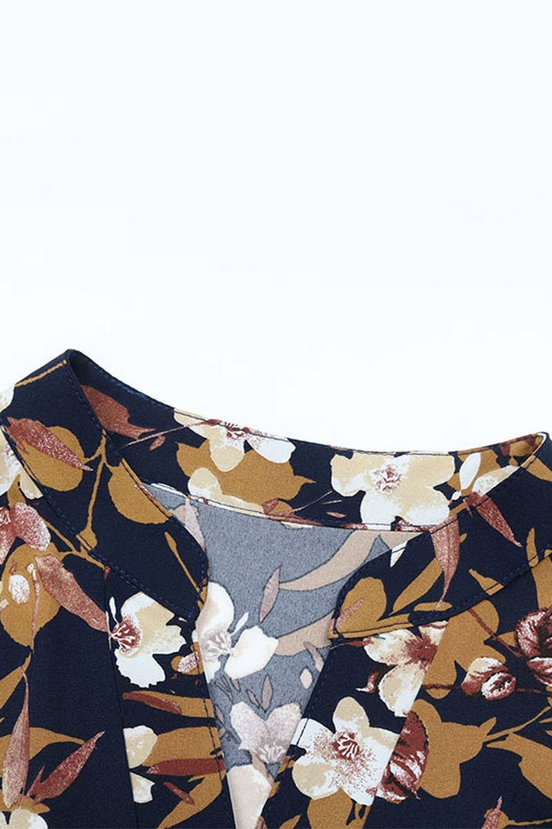 VINTAGE PRINT LONG SLEEVE V NECK DRESS: NAVY / L