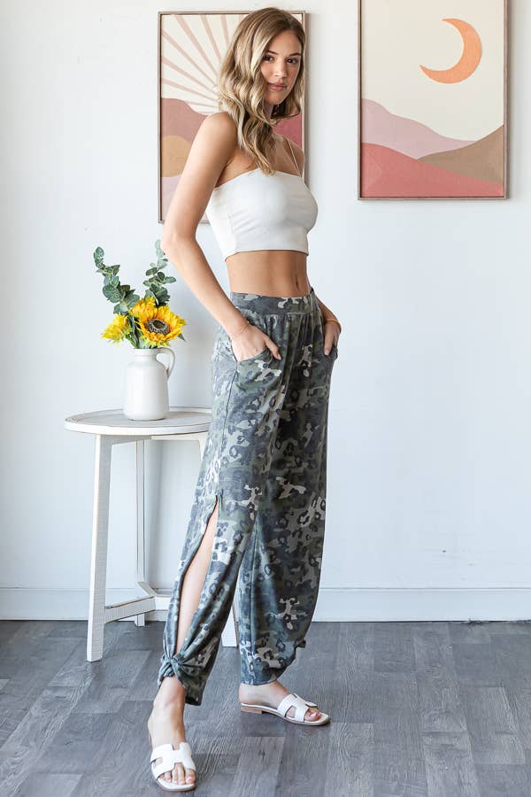 Leopard Camo Side Slit Ankle Tie Pants