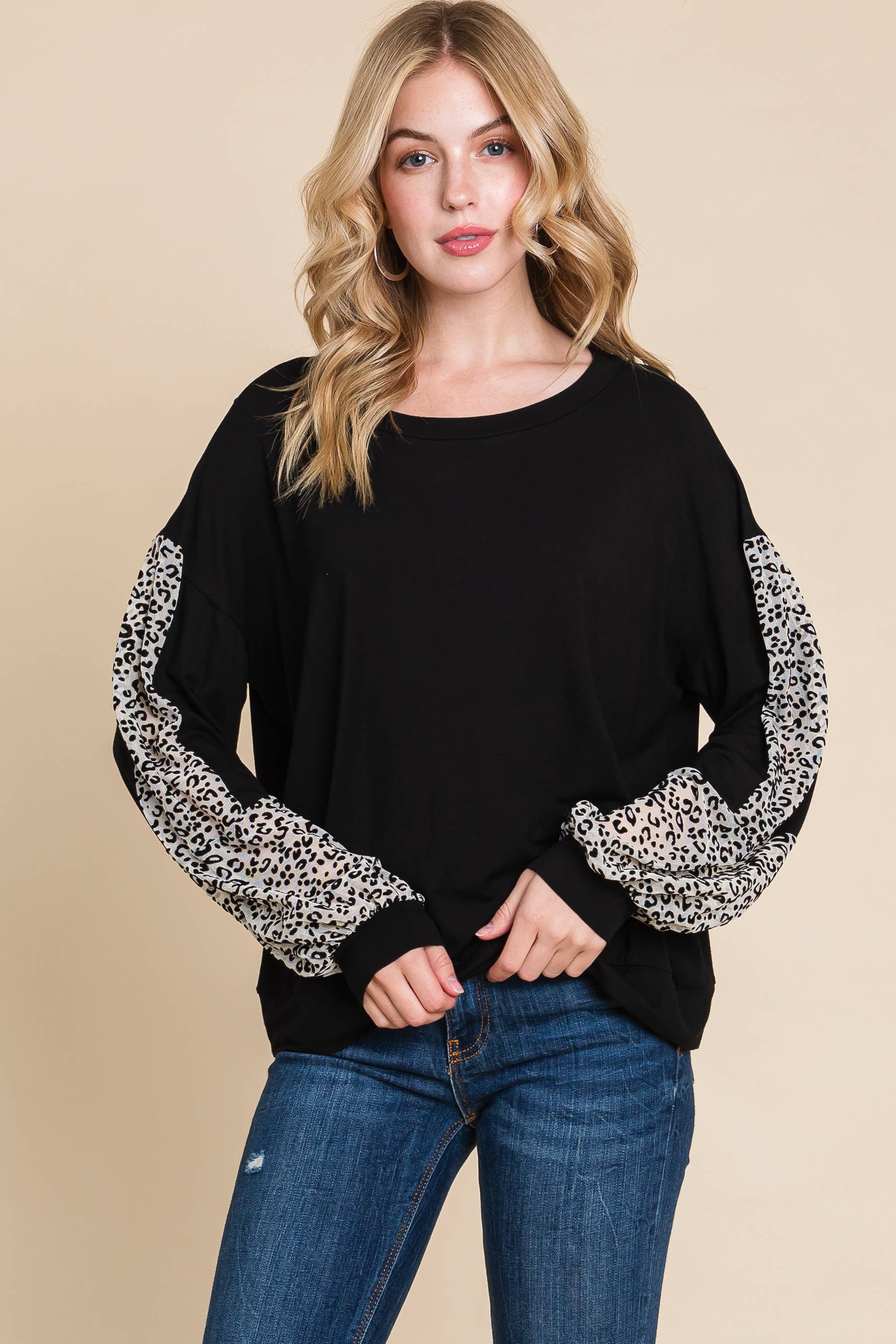 Animal Print Solid Jersey Casual Top: Black/Ivory