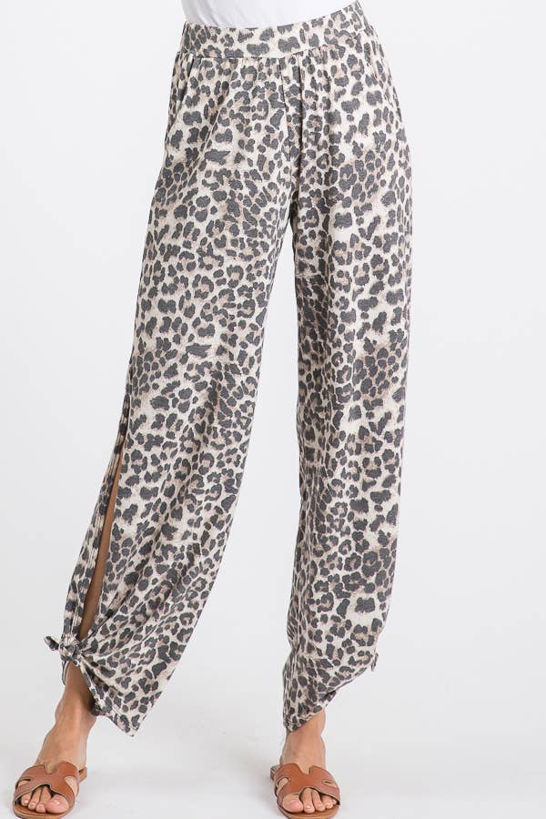 Leopard Print Lightweight Split Side Ankle Tie Pants Mocha