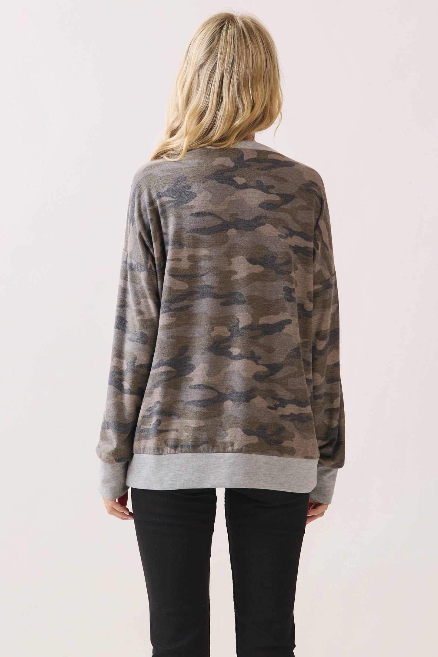 Camo Terry Knit Pullover Top Heather Grey/Camo