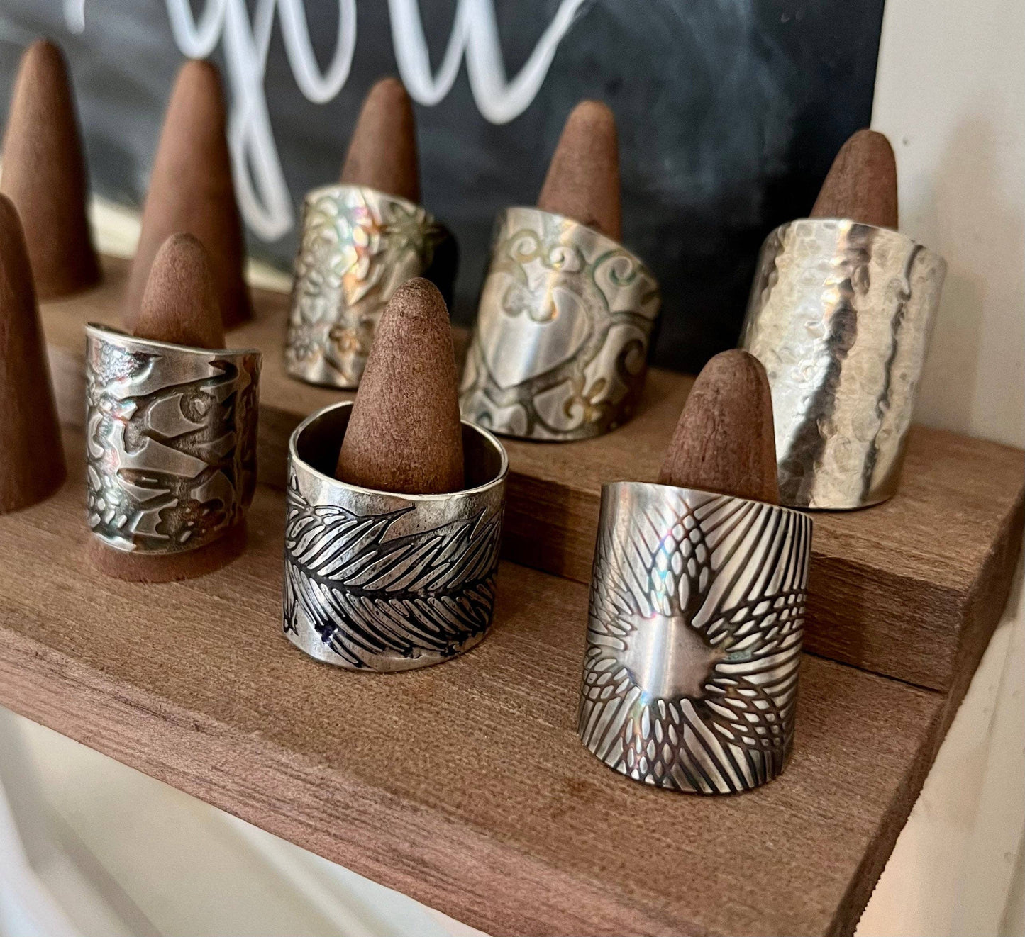 Hand-Embossed Feather Spoon Ring: 11.5