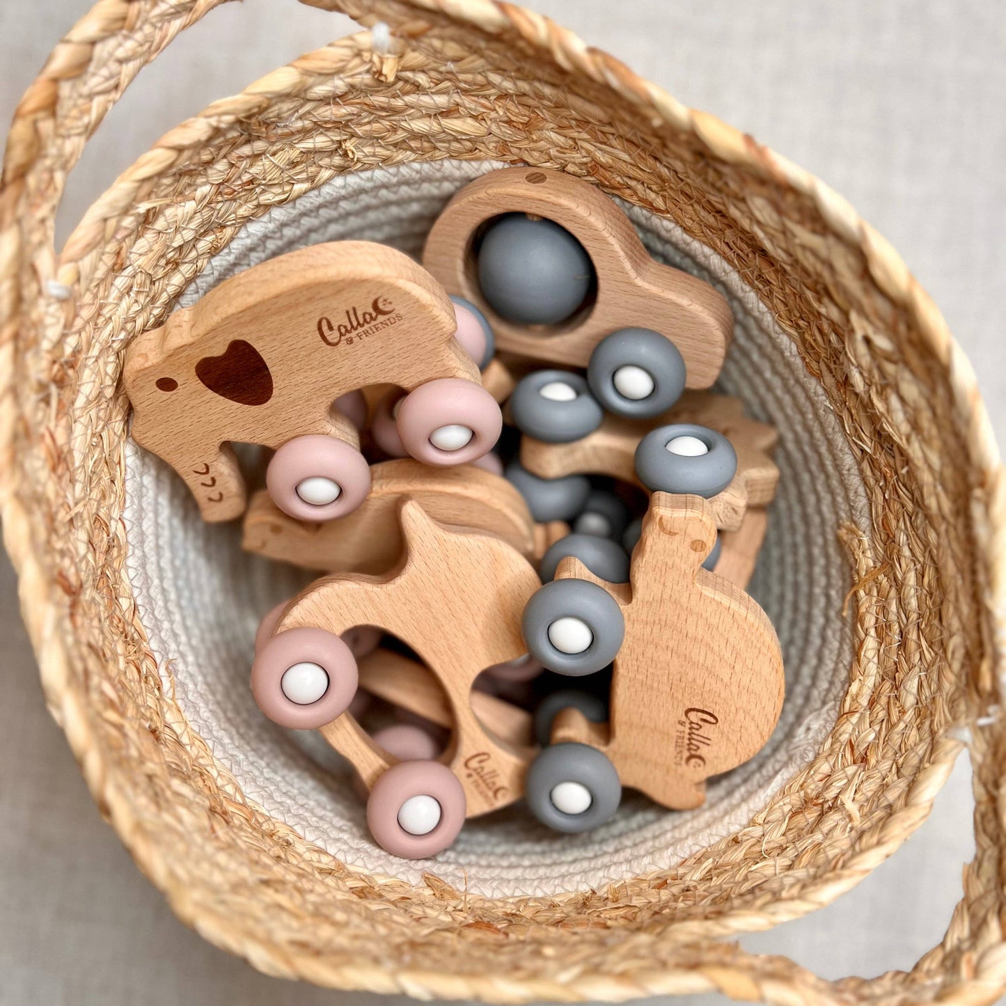 Duck Silicone & Beechwood Teether Toy: Petal Pink