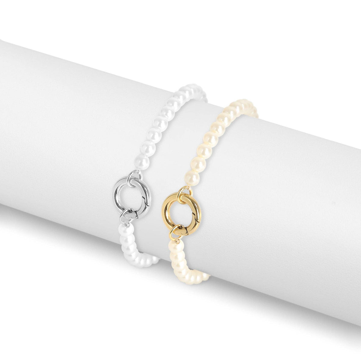 Beaded Pearl Charm Holder Bracelet: White / Stainless WJW
