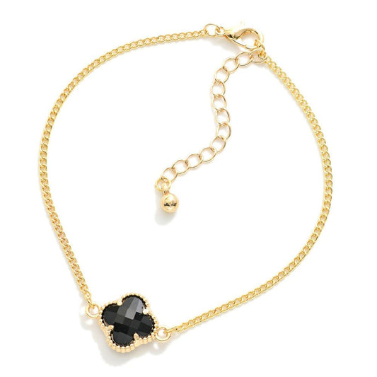 Dainty Chain Link Bracelet Featuring Glass Crystal Clover Accent Black