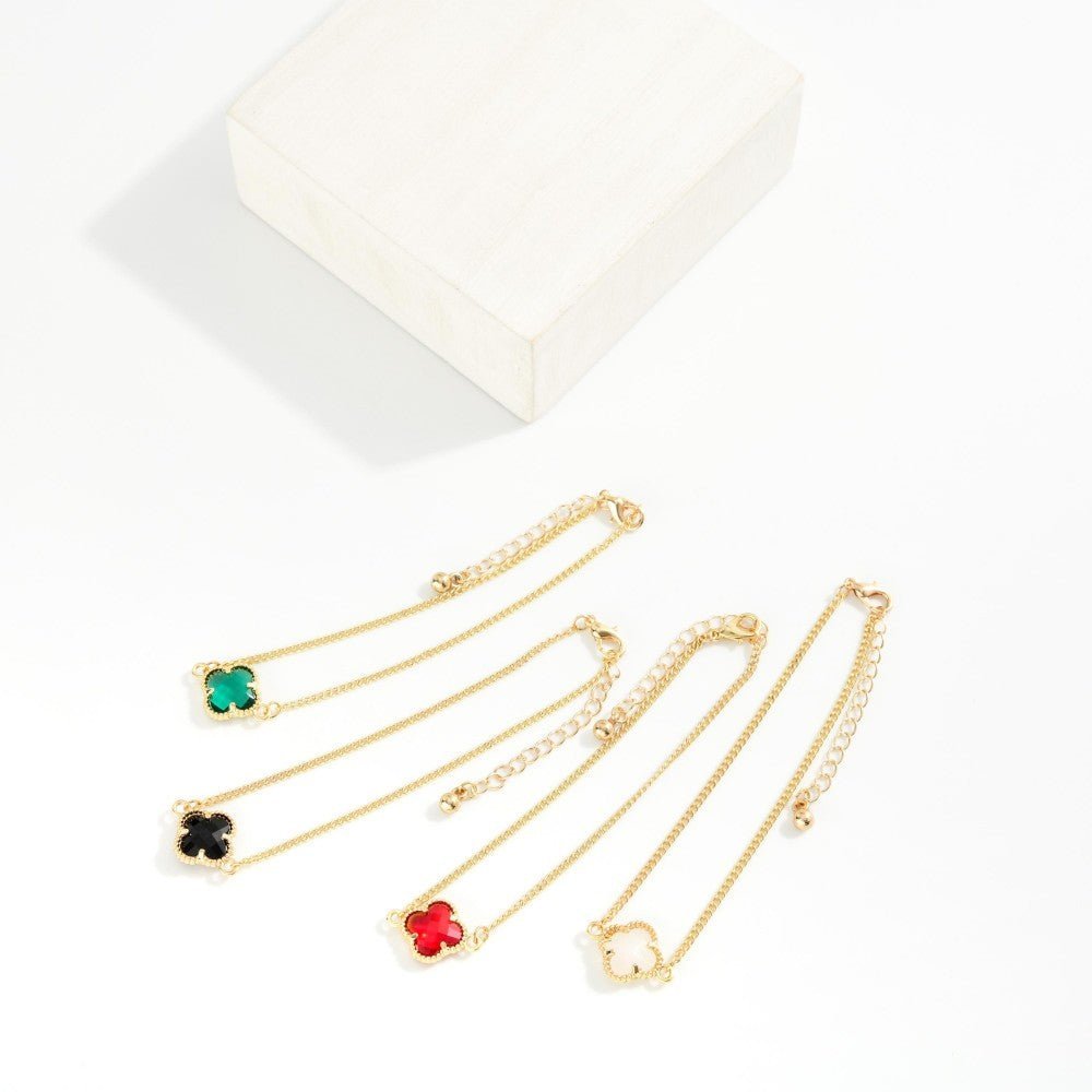 Dainty Chain Link Bracelet Featuring Glass Crystal Clover Accent 