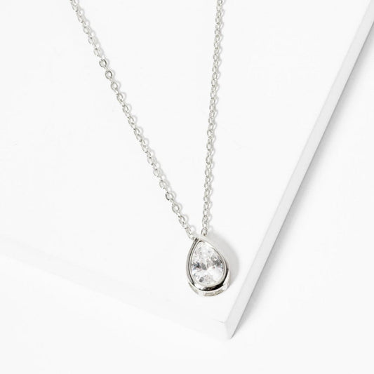 Dainty Chain Link Necklace Featuring Cubic Zirconia Teardrop Pendant Silver