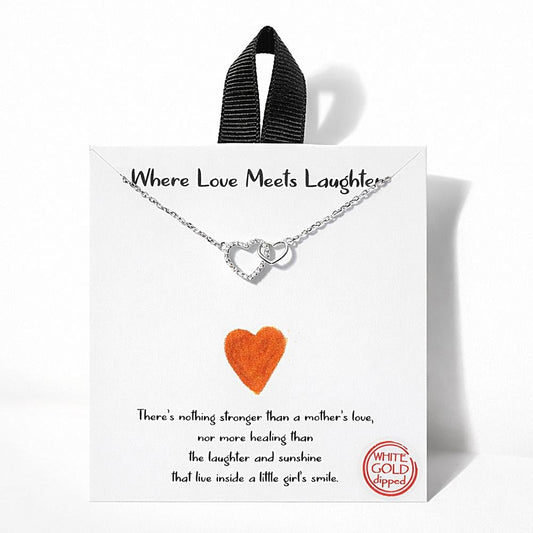 Dainty Chain Link Necklace Featuring Linked Metal Tone & Cubic Zirconia Hearts Pendant Silver