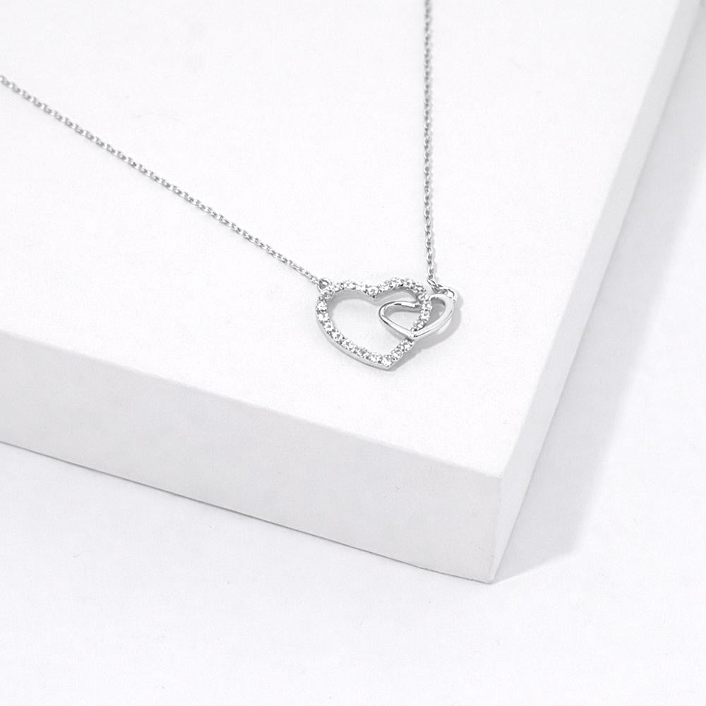 Dainty Chain Link Necklace Featuring Linked Metal Tone & Cubic Zirconia Hearts Pendant 